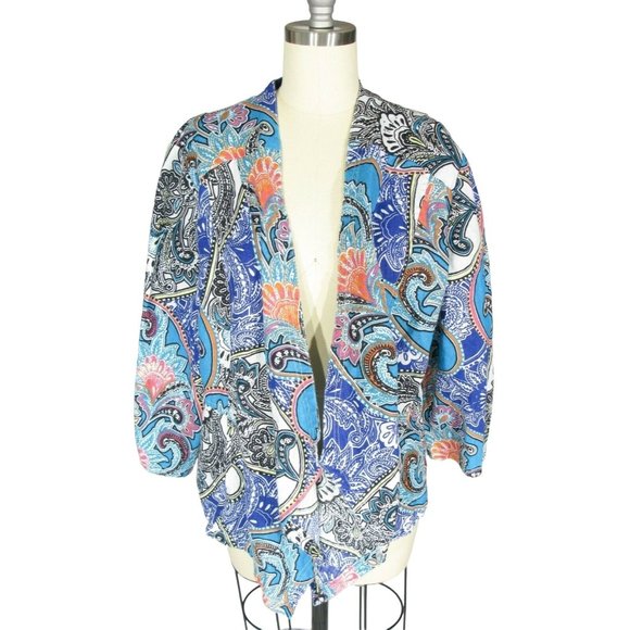 Chico's Jackets & Blazers - CHICO'S Size 2 Vibrant Teal Blue Floral Paisley Linen Open Front Draped Jacket